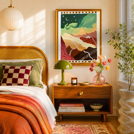Mid-Century Modern Landscape Print – Abstract Mountain Sunrise Sunset Wall Art
