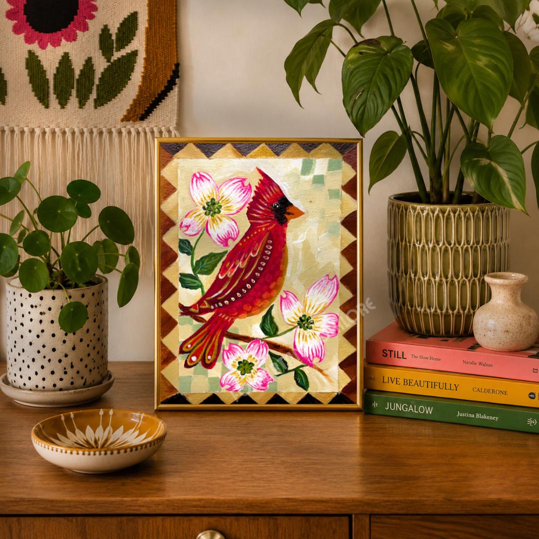 Hand Painted Cardinal Print – Memorial Folk Art Wall Decor