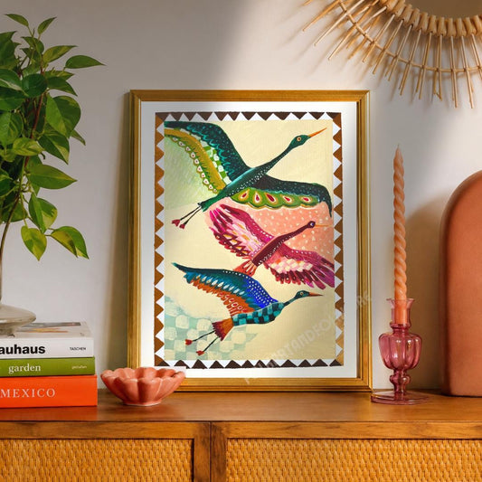Mid Century Modern Crane Print – Folk Art Birds in Flight Wall Art