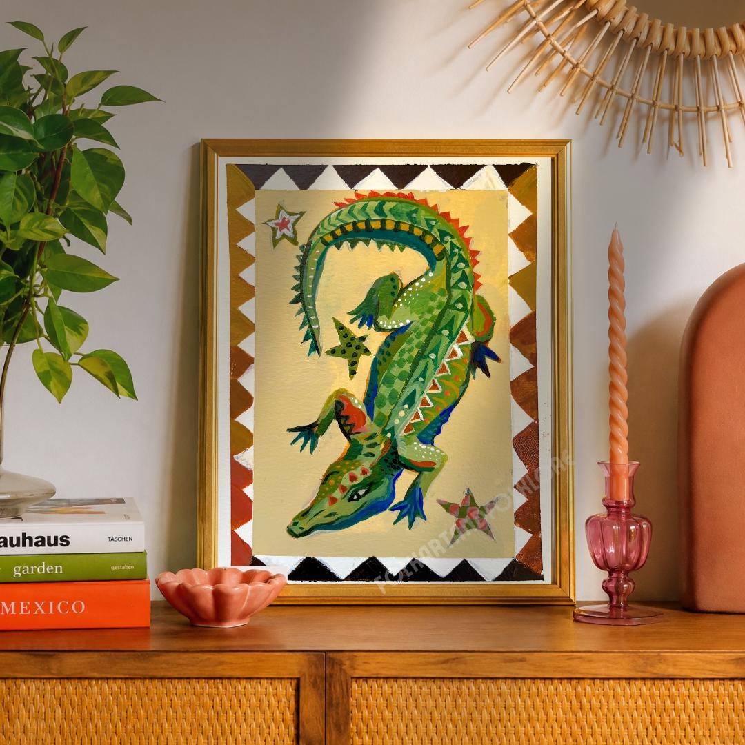 Mid Century Modern Folk Alligator Print - Funky Crocodile Art Print