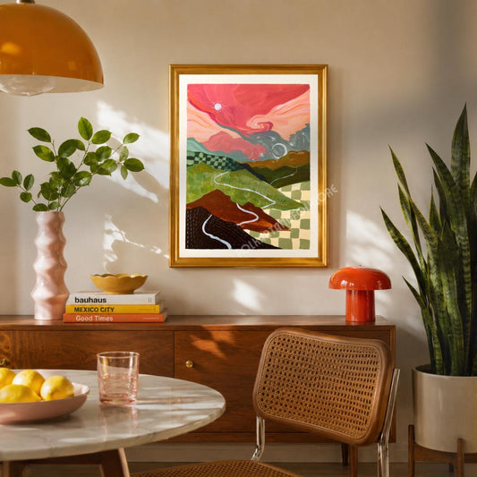 Mid-Century Modern Landscape Print – Abstract Mountain Sunrise Sunset Wall Art