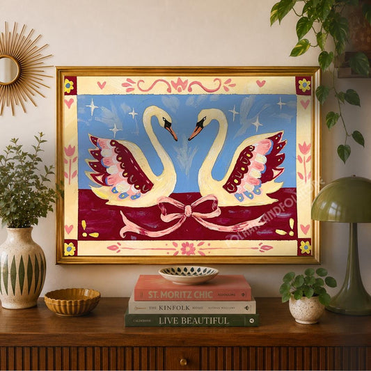 Romantic Folk Art Swans Art Print - Blue and Burgundy Wall Decor Horizontal Original Artwork