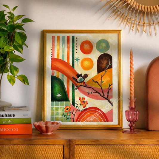 Golden Hour Art Print - Mid Century Modern Original Hand Painted Orange Folk Wall Decor