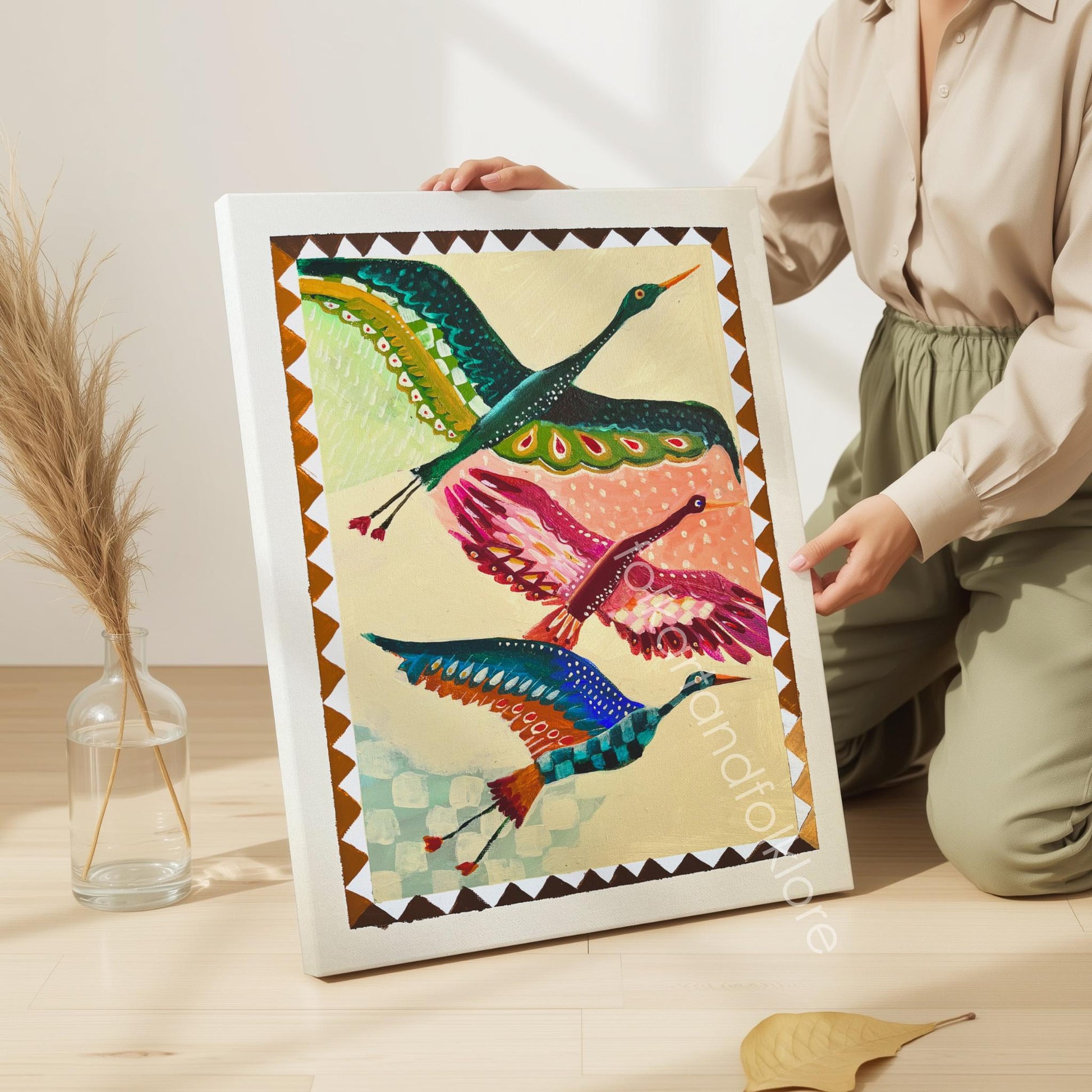 Mid Century Modern Crane Print – Folk Art Birds in Flight Wall Art