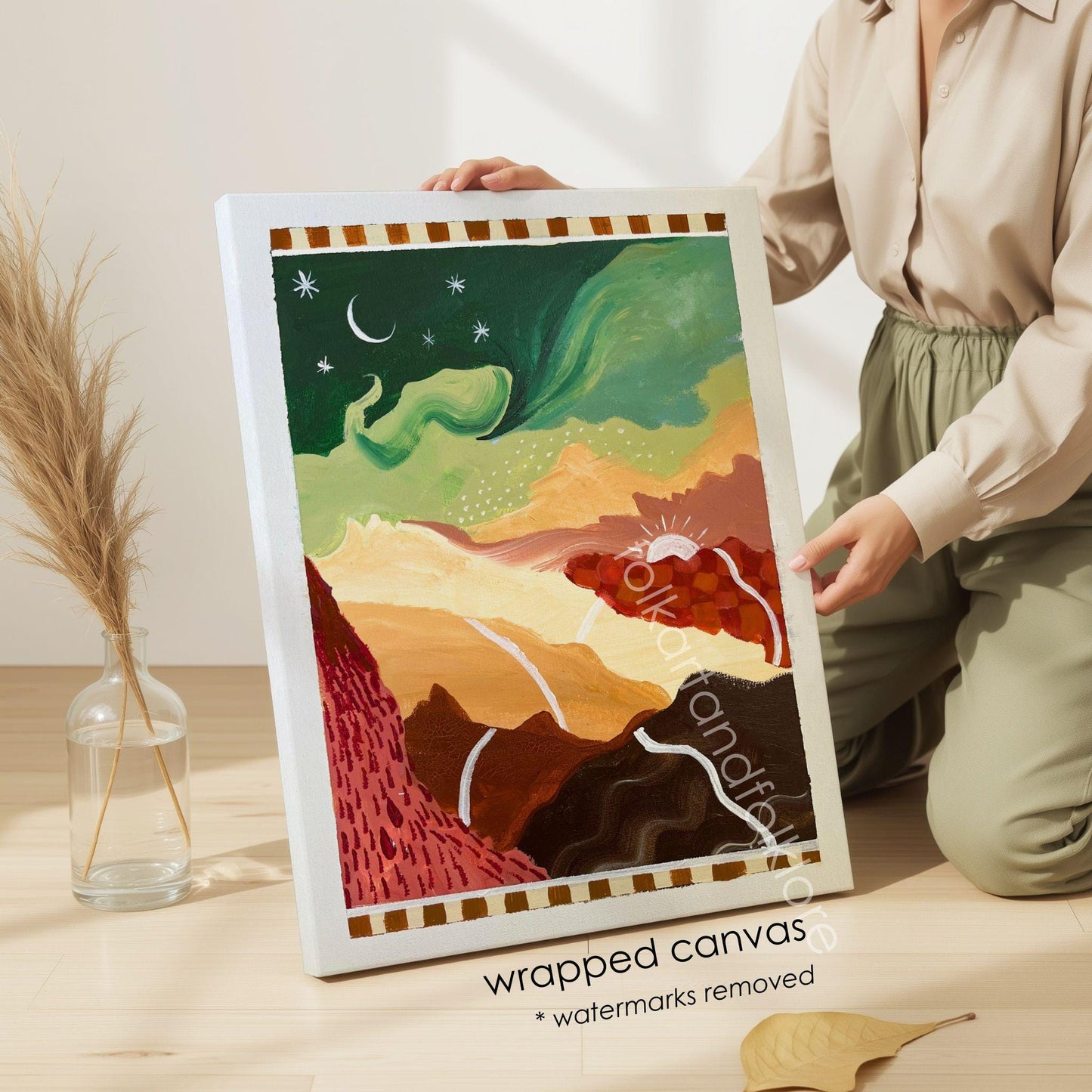Mid-Century Modern Landscape Print – Abstract Mountain Sunrise Sunset Wall Art