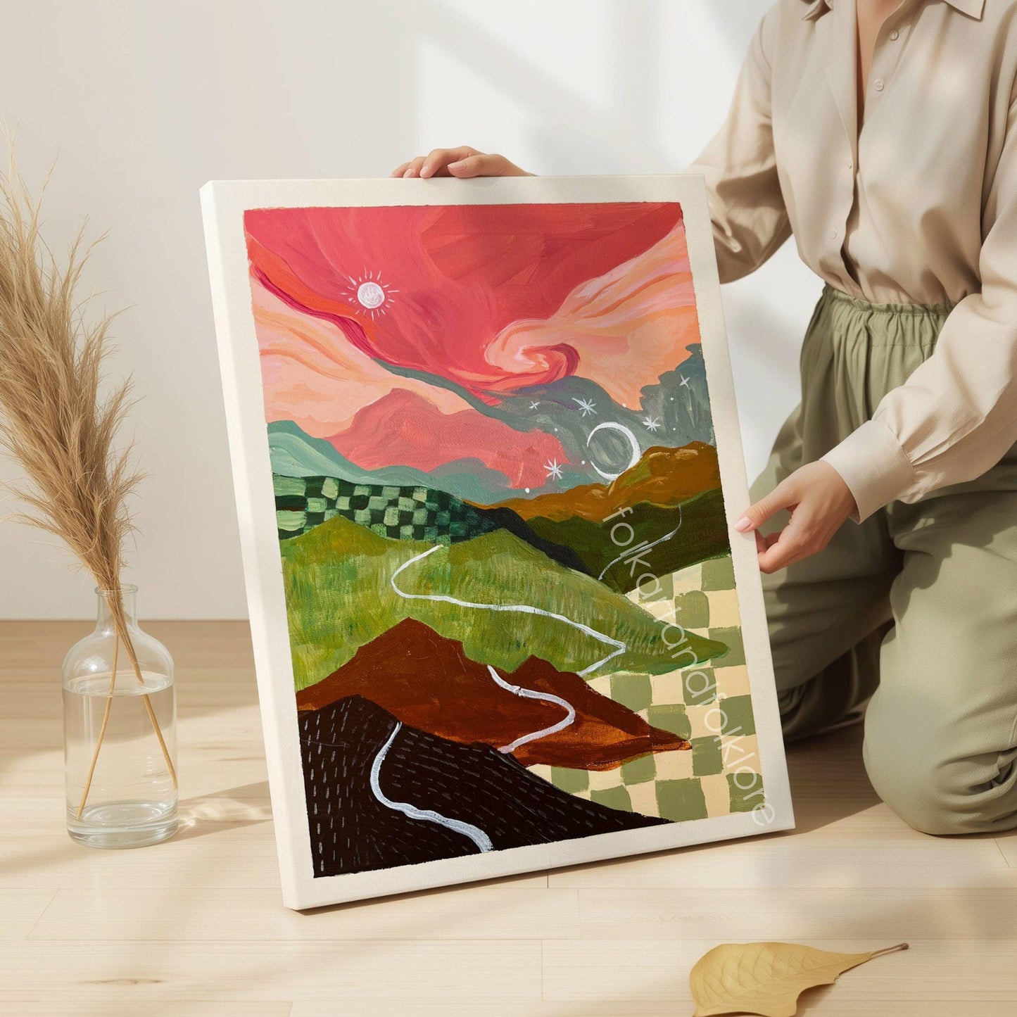 Mid-Century Modern Landscape Print – Abstract Mountain Sunrise Sunset Wall Art