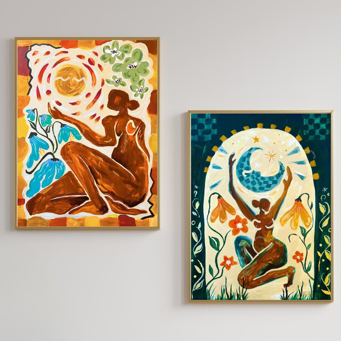 Set of Two Feminine Art Prints - Sun and Moon Wall Decor