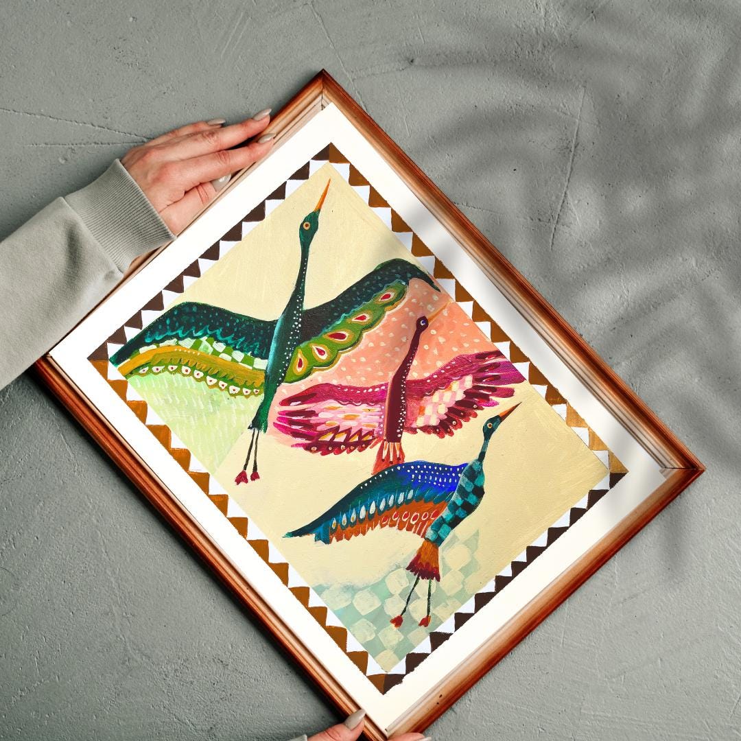 Mid Century Modern Crane Print – Folk Art Birds in Flight Wall Art