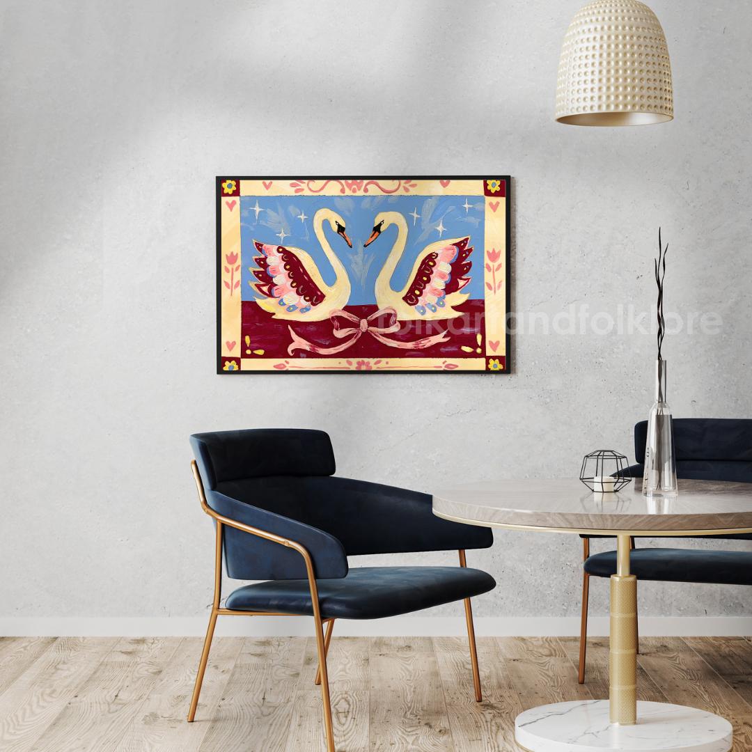 Romantic Folk Art Swans Art Print - Blue and Burgundy Wall Decor Horizontal Original Artwork