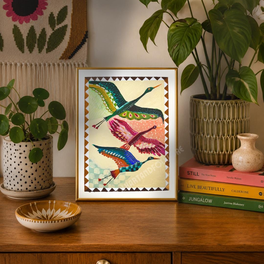 Mid Century Modern Crane Print – Folk Art Birds in Flight Wall Art