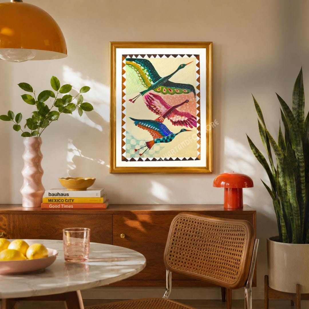 Mid Century Modern Crane Print – Folk Art Birds in Flight Wall Art