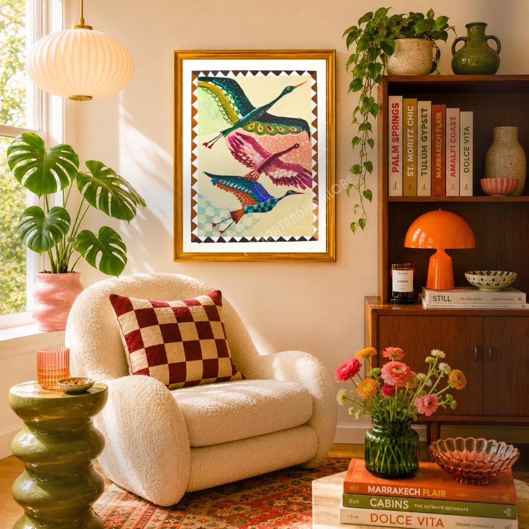 Mid Century Modern Crane Print – Folk Art Birds in Flight Wall Art
