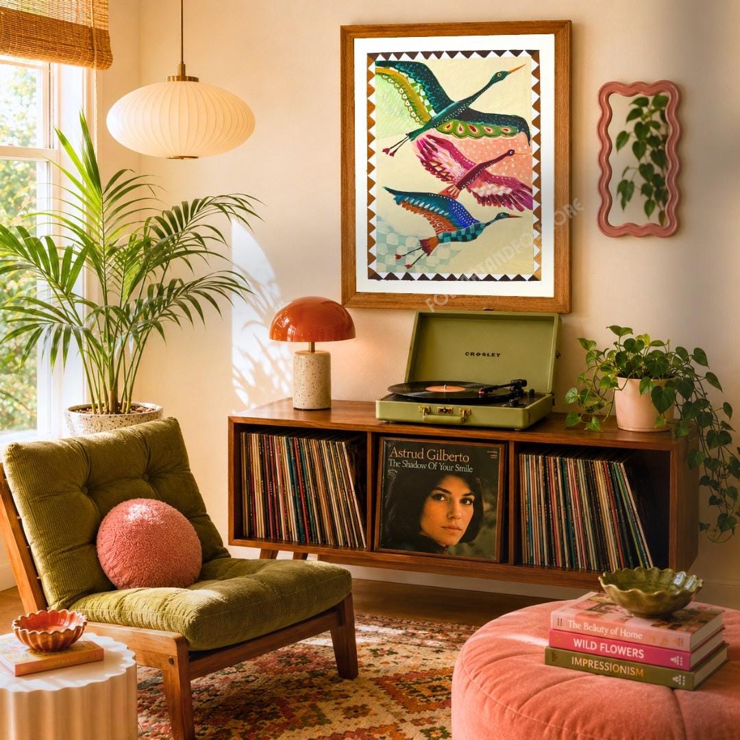 Mid Century Modern Crane Print – Folk Art Birds in Flight Wall Art
