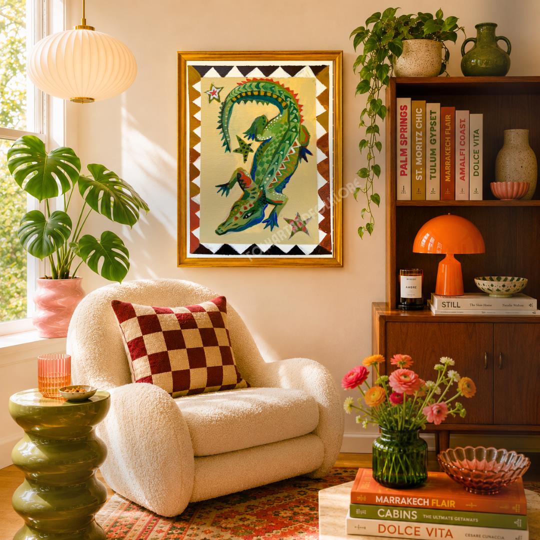 Mid Century Modern Folk Alligator Print - Funky Crocodile Art Print