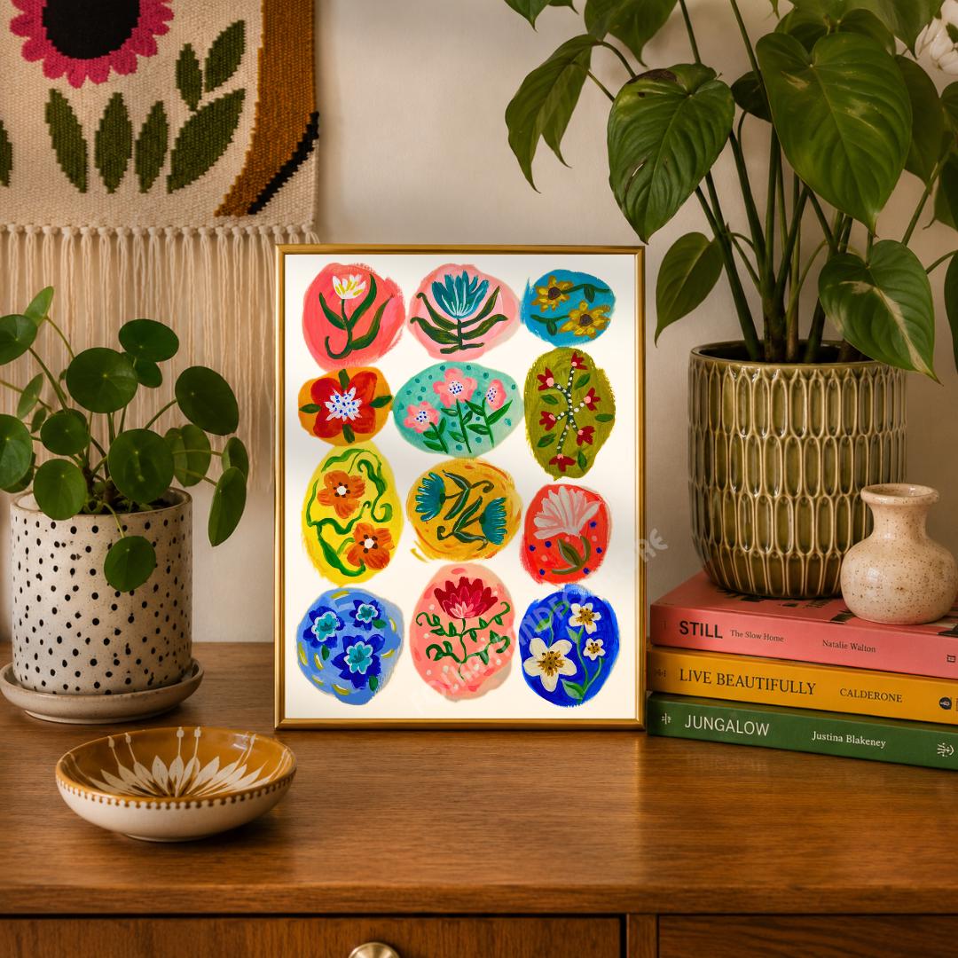 Folk Flower Orbs Print - Colorful Dopamine Decor Hand Painted Wall Art