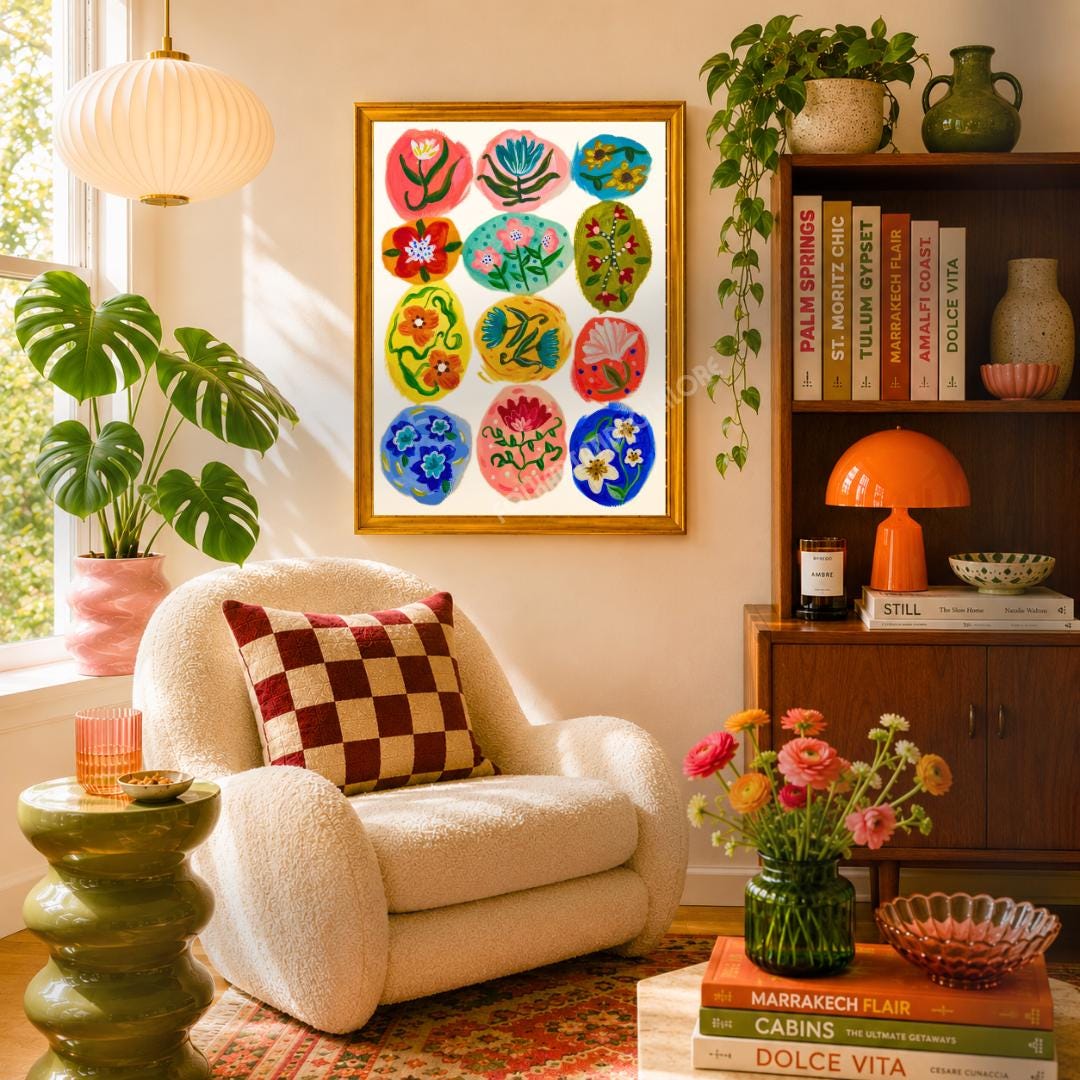 Folk Flower Orbs Print - Colorful Dopamine Decor Hand Painted Wall Art