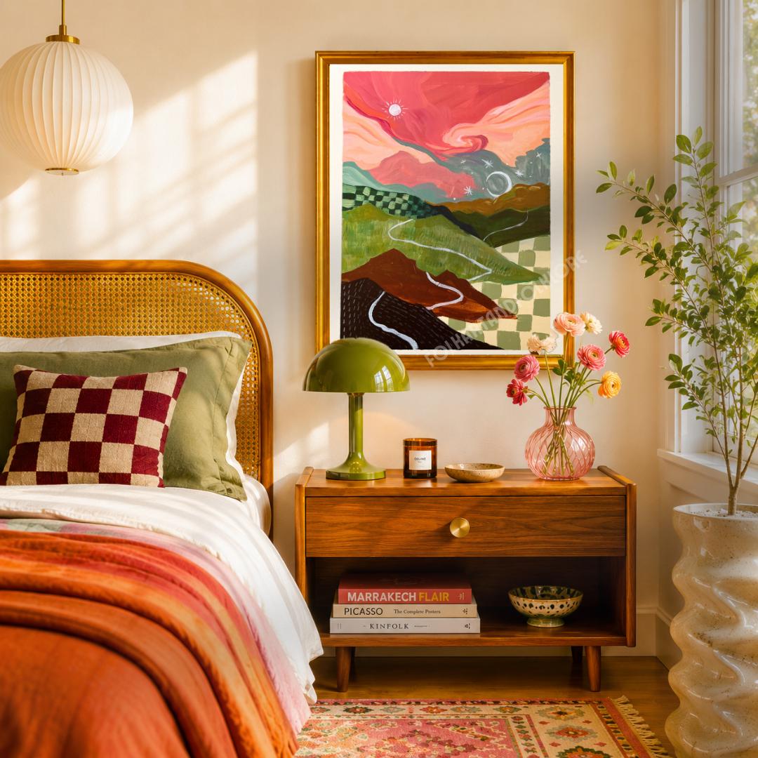 Mid-Century Modern Landscape Print – Abstract Mountain Sunrise Sunset Wall Art