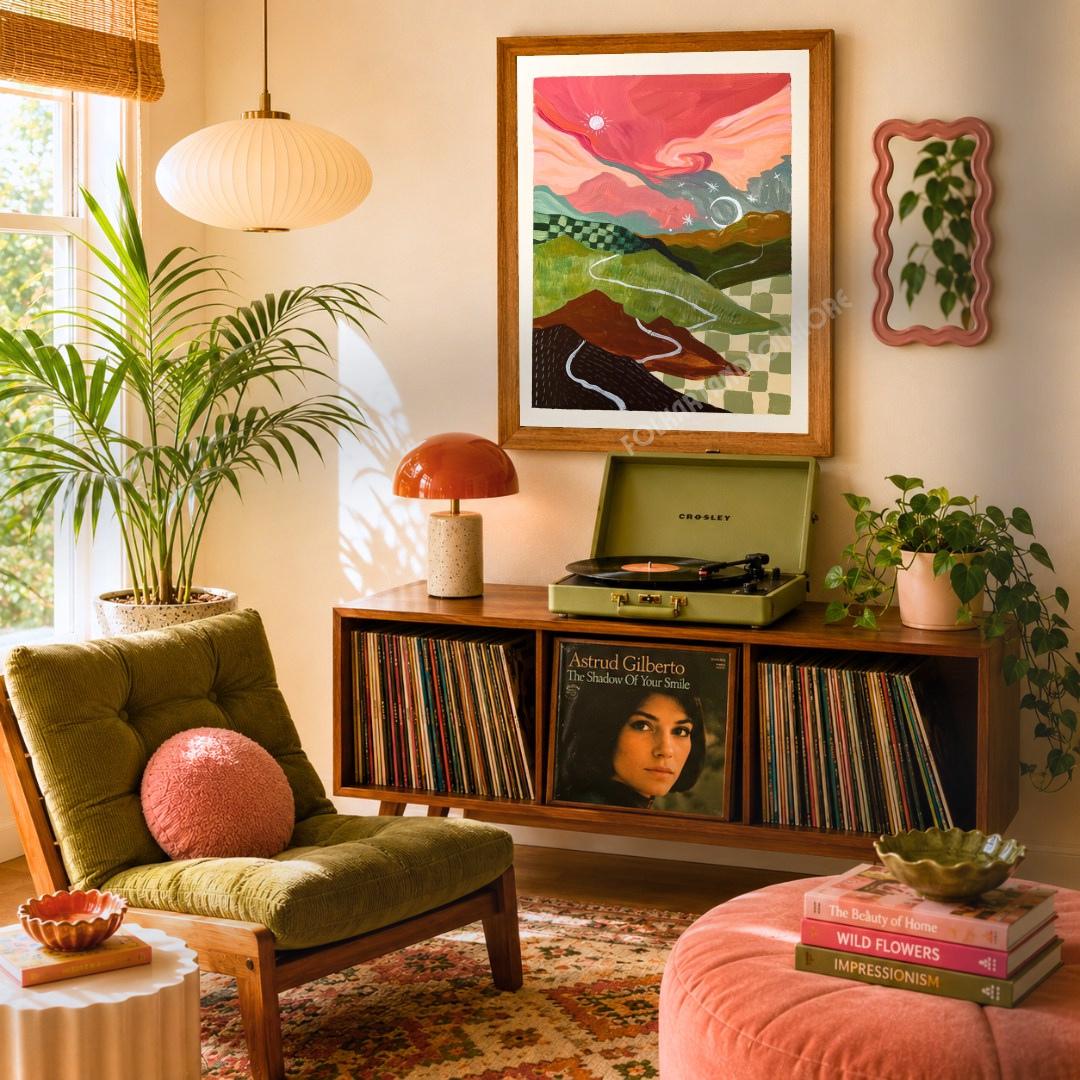 Mid-Century Modern Landscape Print – Abstract Mountain Sunrise Sunset Wall Art