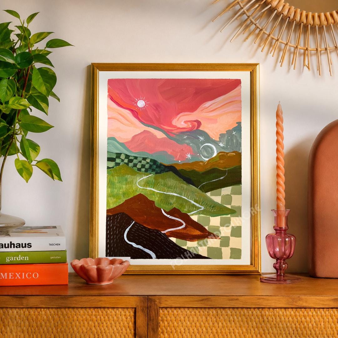 Mid-Century Modern Landscape Print – Abstract Mountain Sunrise Sunset Wall Art