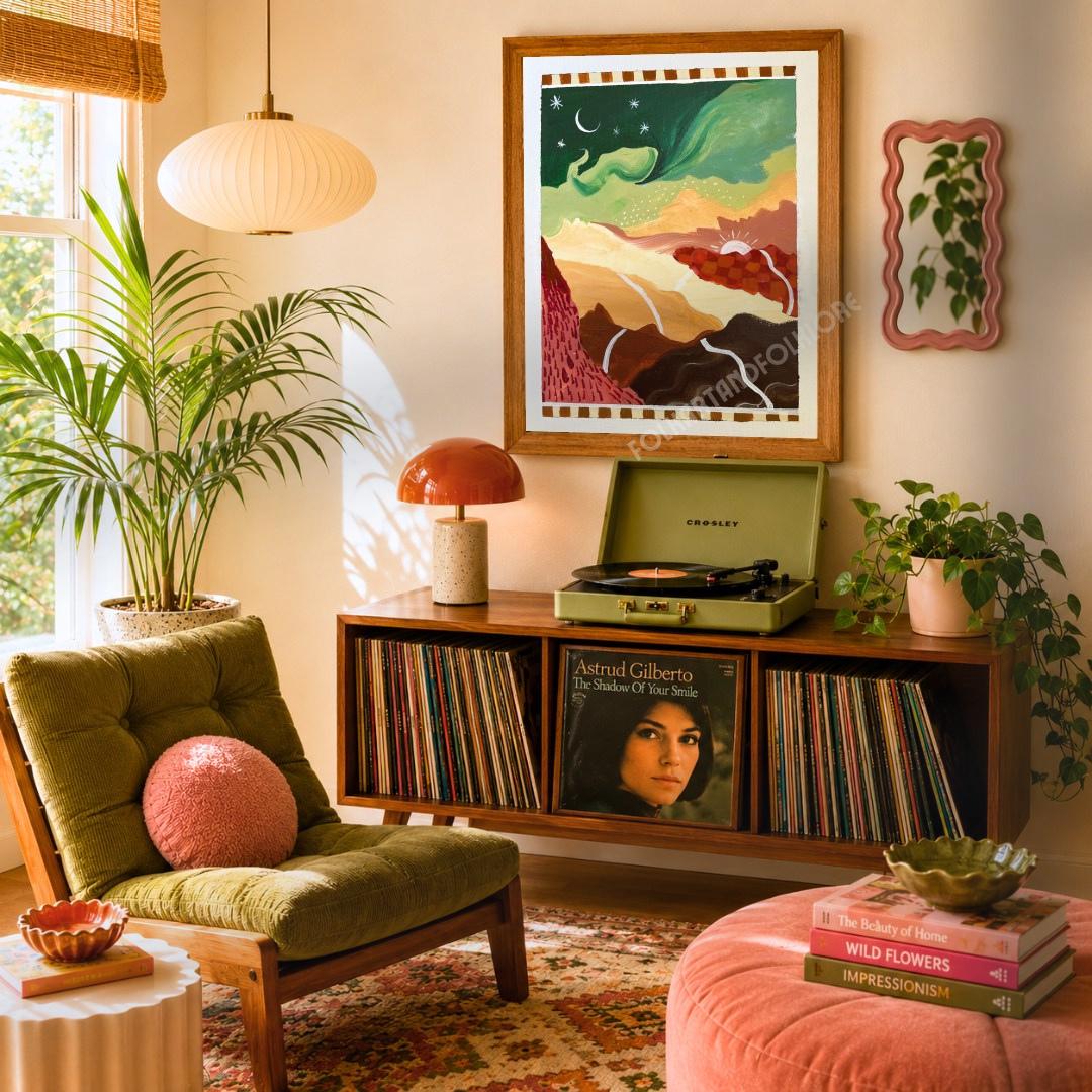 Mid-Century Modern Landscape Print – Abstract Mountain Sunrise Sunset Wall Art