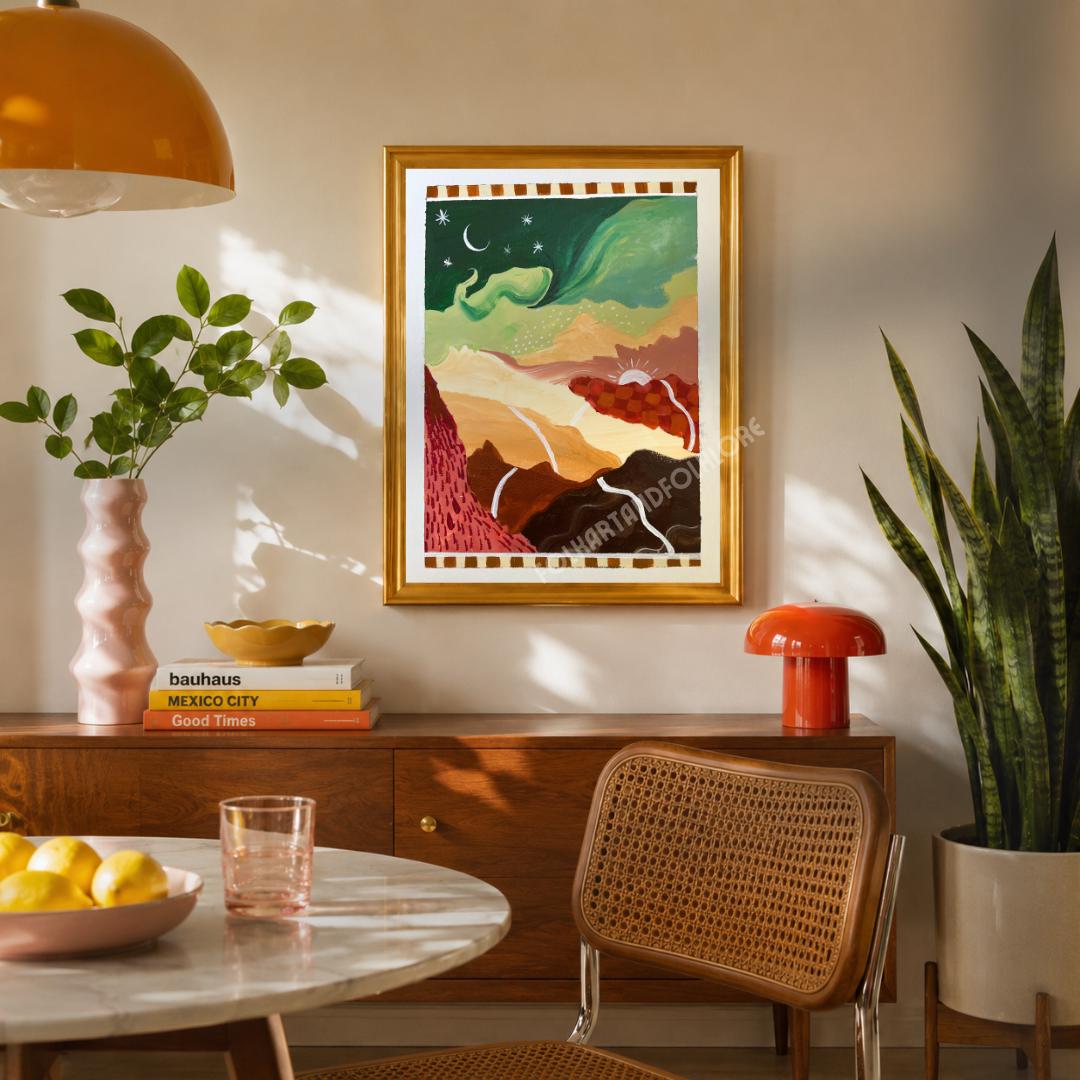 Mid-Century Modern Landscape Print – Abstract Mountain Sunrise Sunset Wall Art