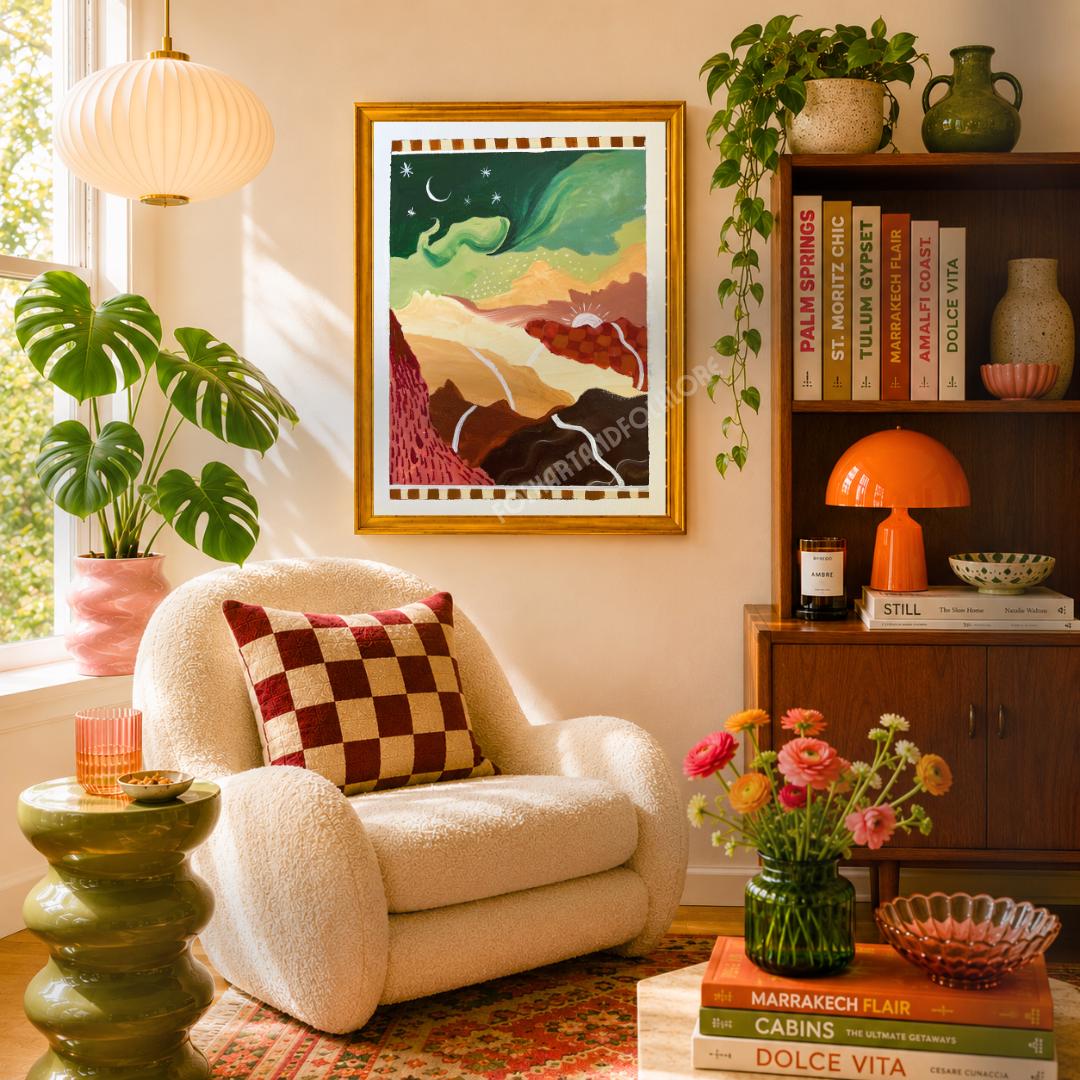 Mid-Century Modern Landscape Print – Abstract Mountain Sunrise Sunset Wall Art