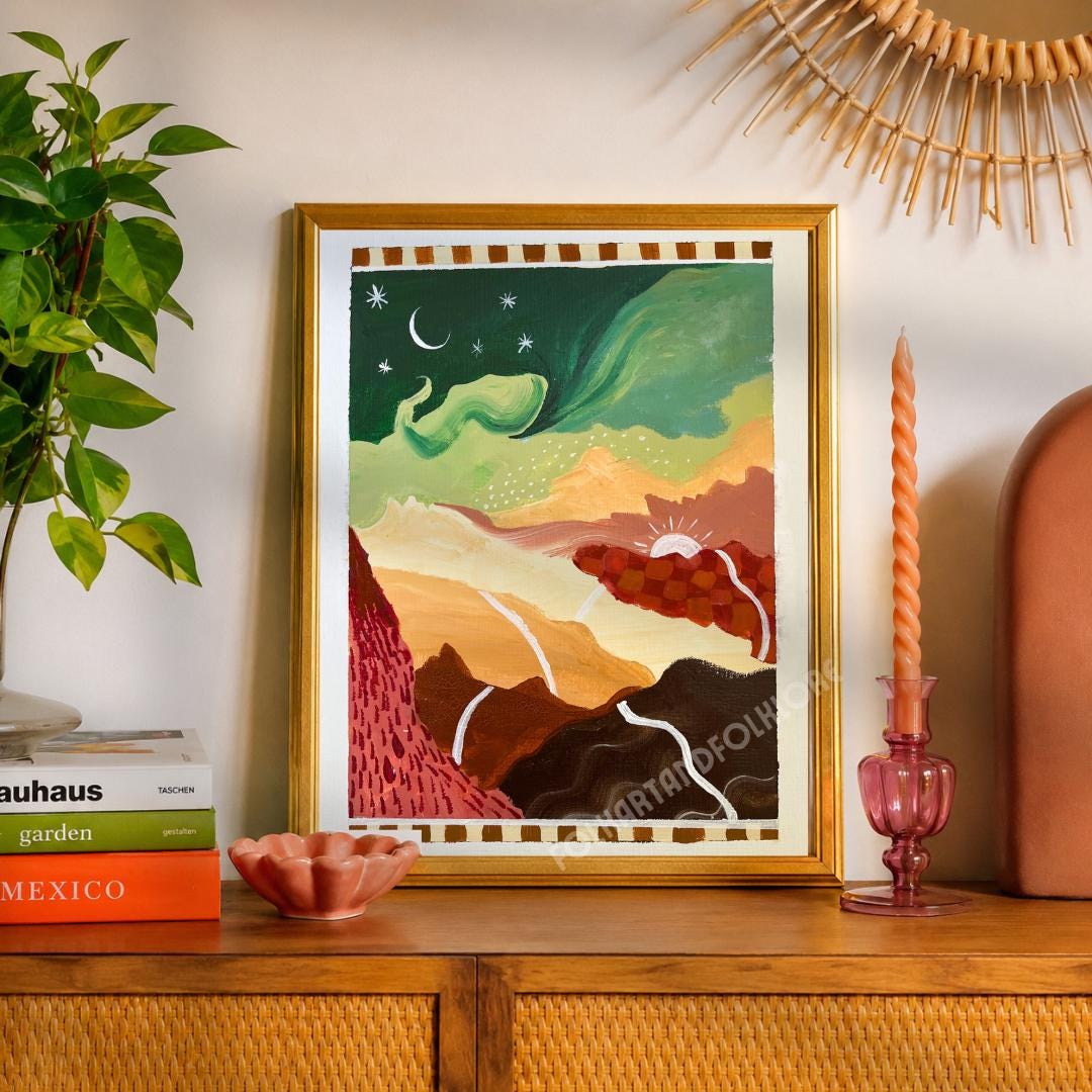 Mid-Century Modern Landscape Print – Abstract Mountain Sunrise Sunset Wall Art