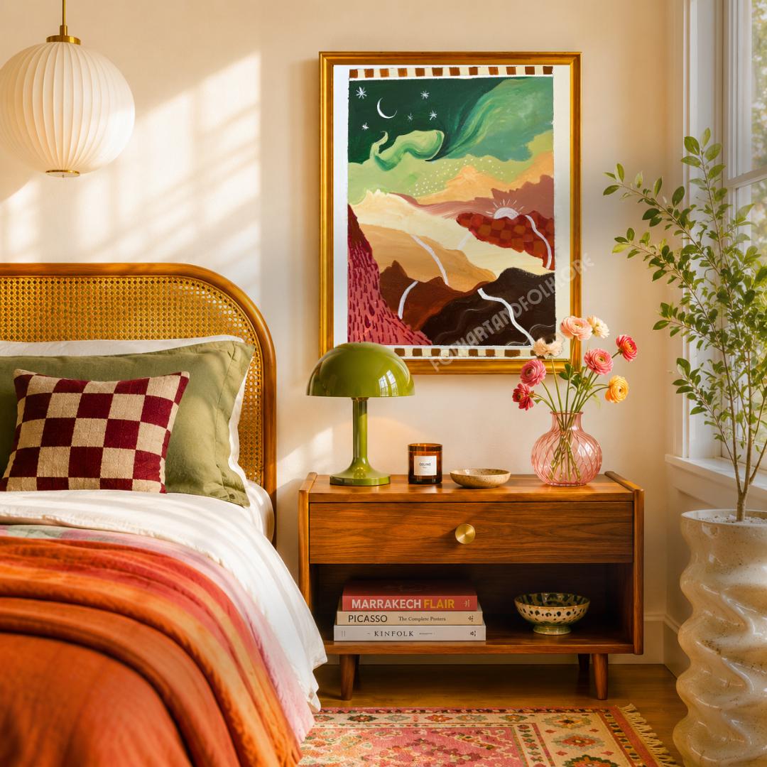 Mid-Century Modern Landscape Print – Abstract Mountain Sunrise Sunset Wall Art