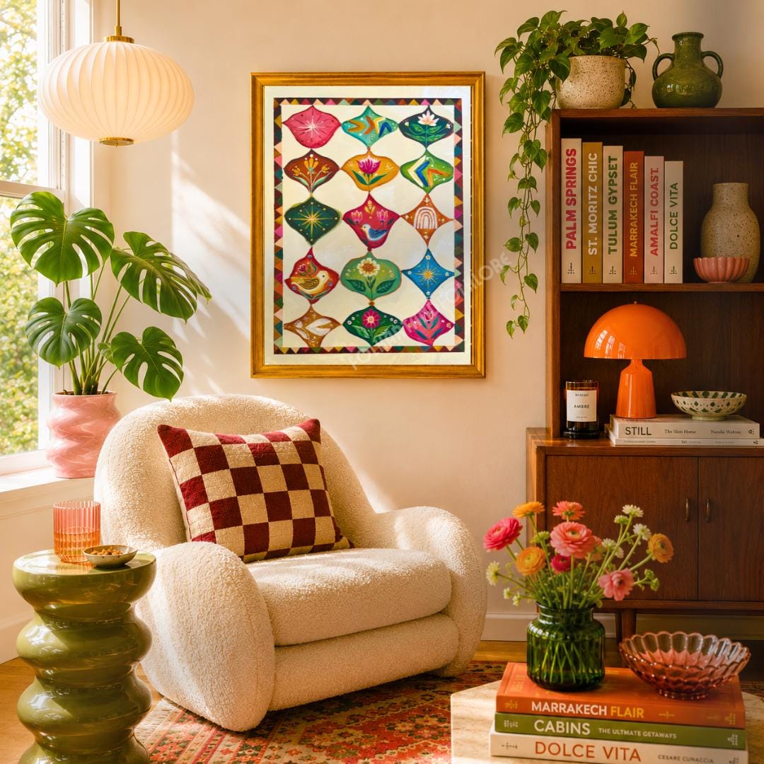 Mid Century Modern Original Art Print - Hand Painted Maximalist Folk Wall Art