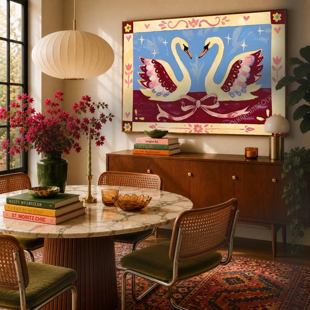 Romantic Folk Art Swans Art Print - Blue and Burgundy Wall Decor Horizontal Original Artwork
