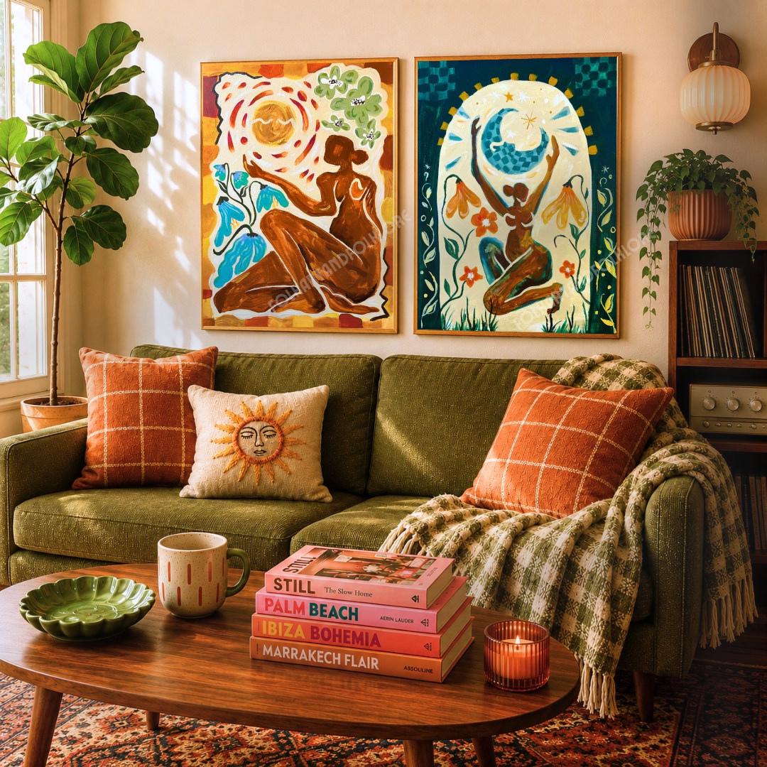 Set of Two Feminine Art Prints - Sun and Moon Wall Decor