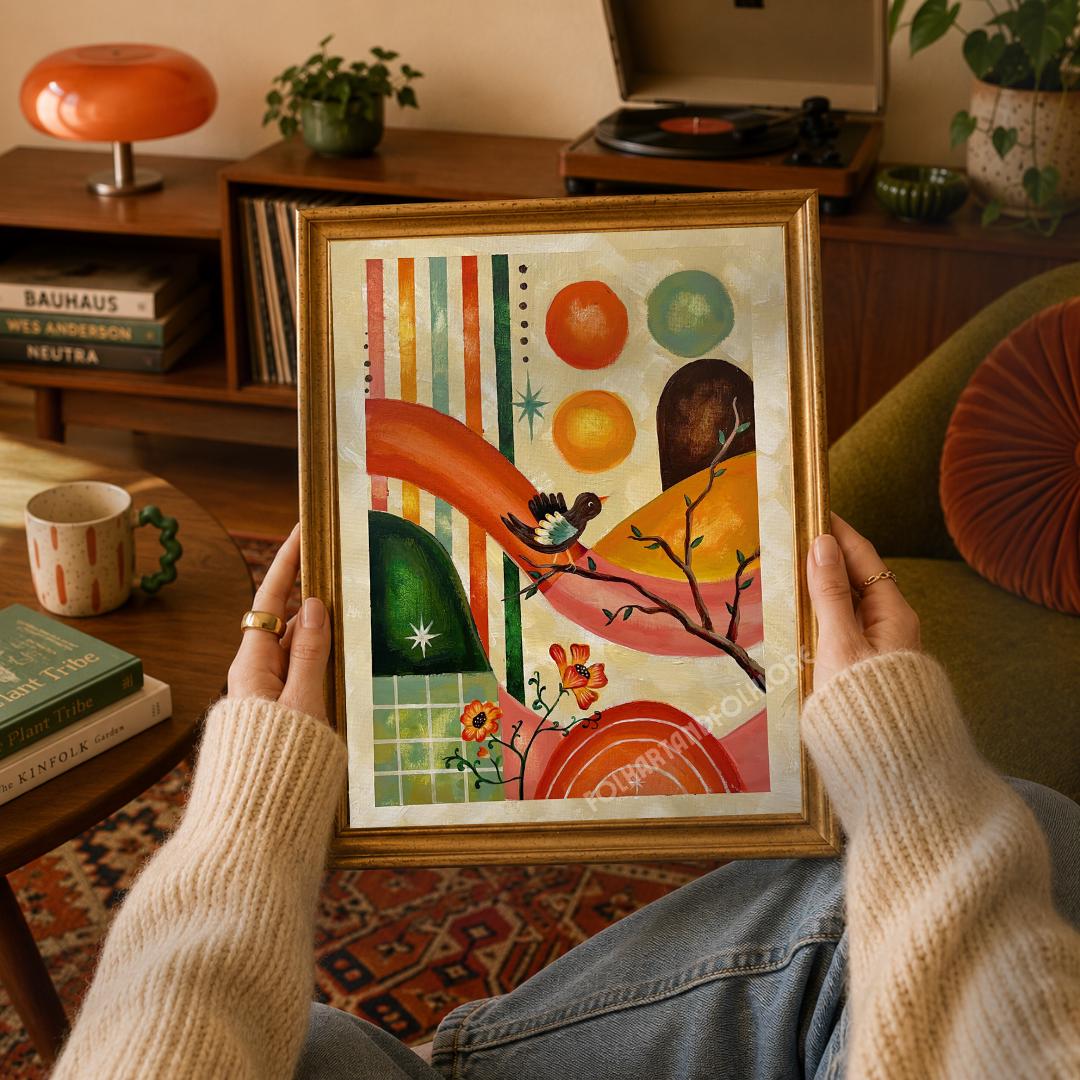 Golden Hour Art Print - Mid Century Modern Original Hand Painted Orange Folk Wall Decor