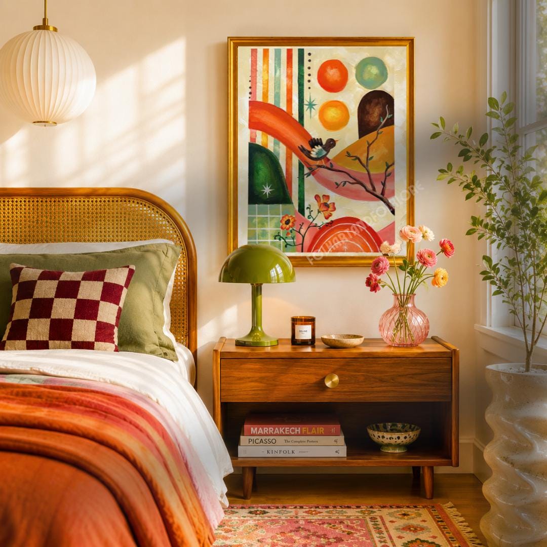 Golden Hour Art Print - Mid Century Modern Original Hand Painted Orange Folk Wall Decor