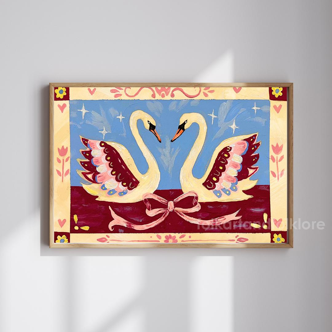 Romantic Folk Art Swans Art Print - Blue and Burgundy Wall Decor Horizontal Original Artwork