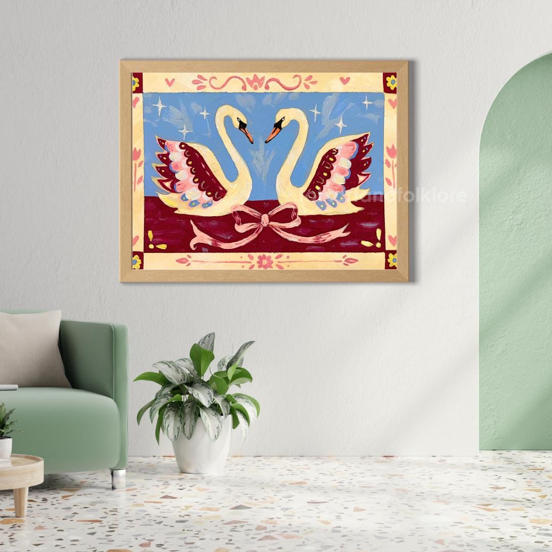 Romantic Folk Art Swans Art Print - Blue and Burgundy Wall Decor Horizontal Original Artwork