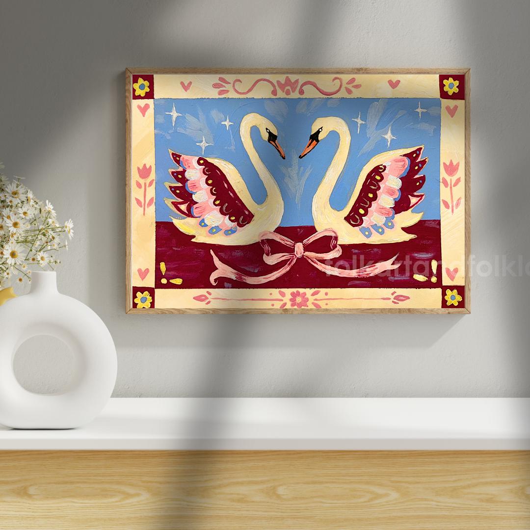 Romantic Folk Art Swans Art Print - Blue and Burgundy Wall Decor Horizontal Original Artwork