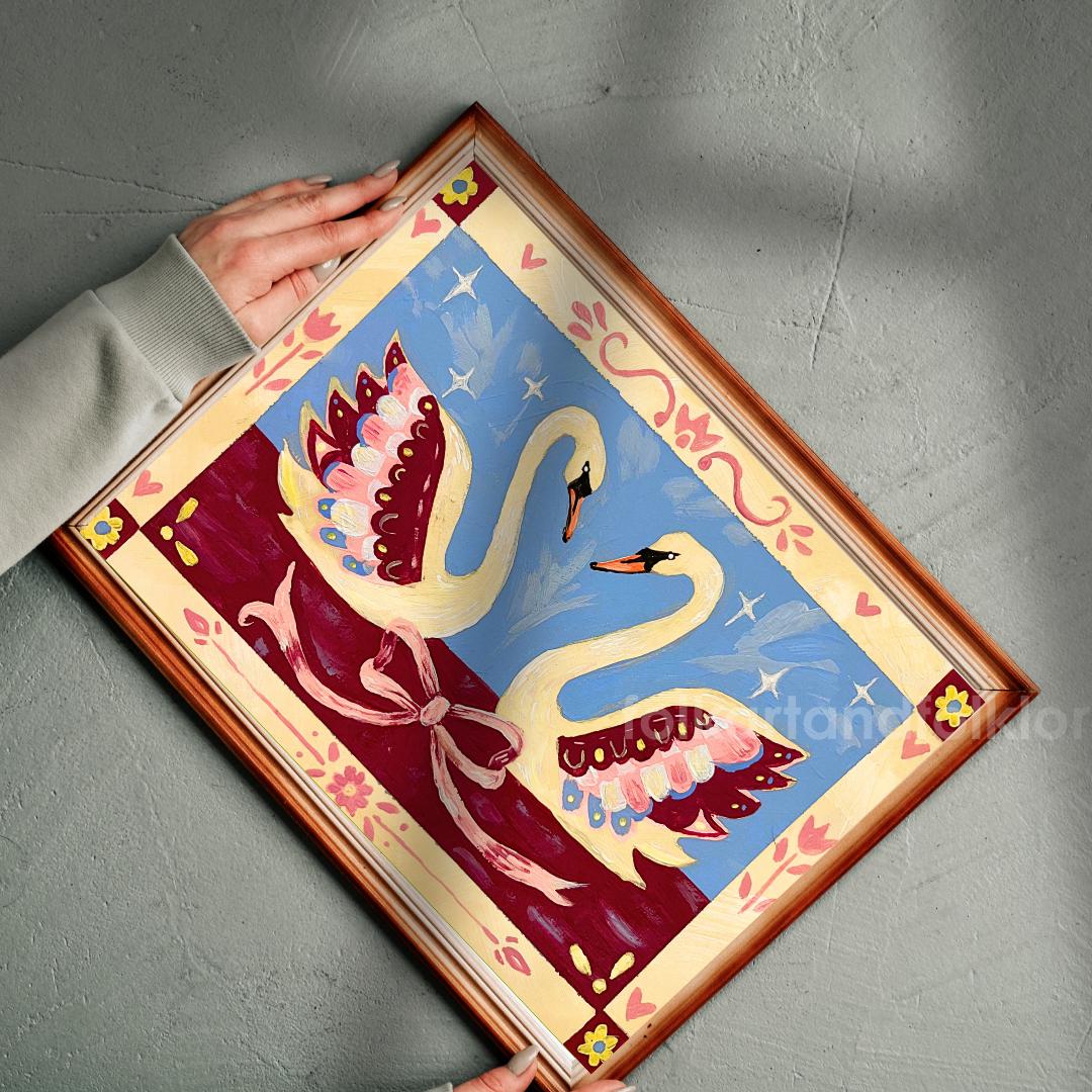 Romantic Folk Art Swans Art Print - Blue and Burgundy Wall Decor Horizontal Original Artwork