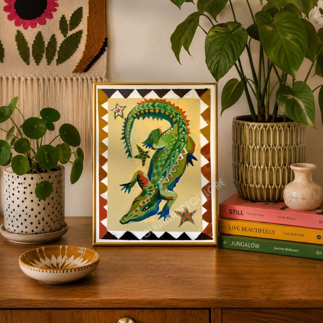 Mid Century Modern Folk Alligator Print - Funky Crocodile Art Print