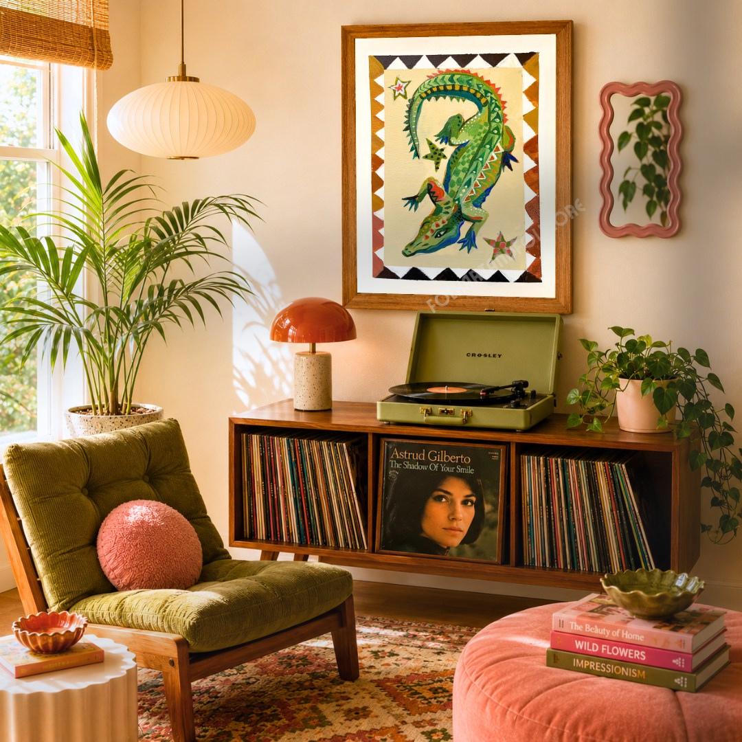 Mid Century Modern Folk Alligator Print - Funky Crocodile Art Print