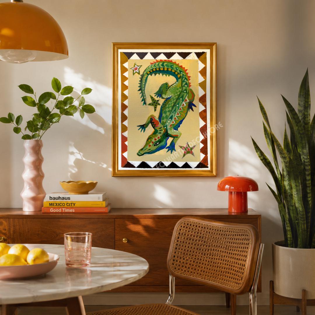 Mid Century Modern Folk Alligator Print - Funky Crocodile Art Print