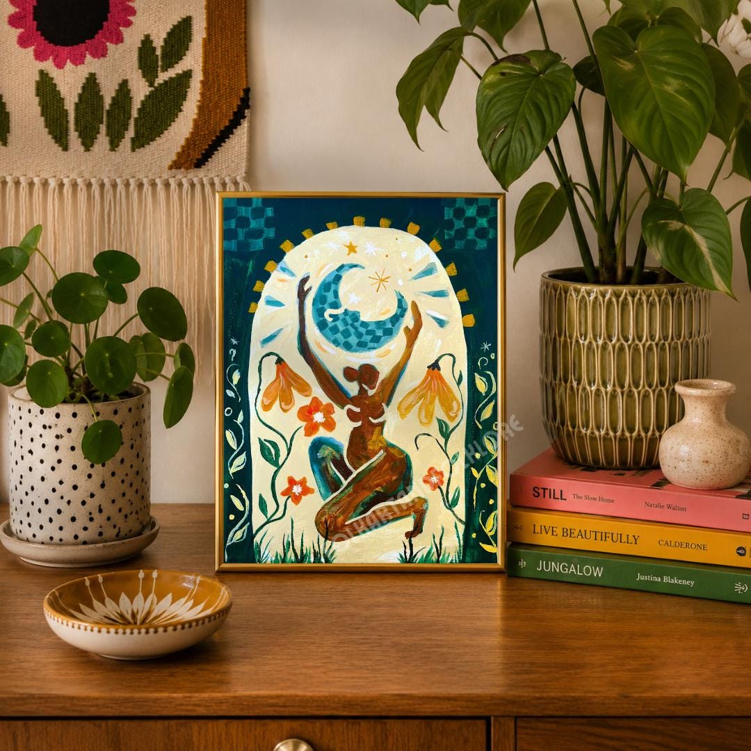 Moon Goddess Feminine Art Print - Burnt Orange Modern Boho Wall Decor