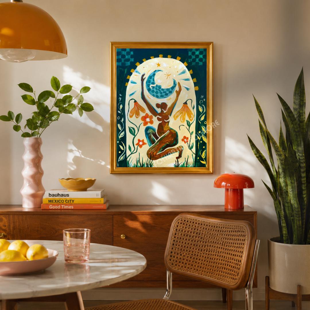 Moon Goddess Feminine Art Print - Burnt Orange Modern Boho Wall Decor