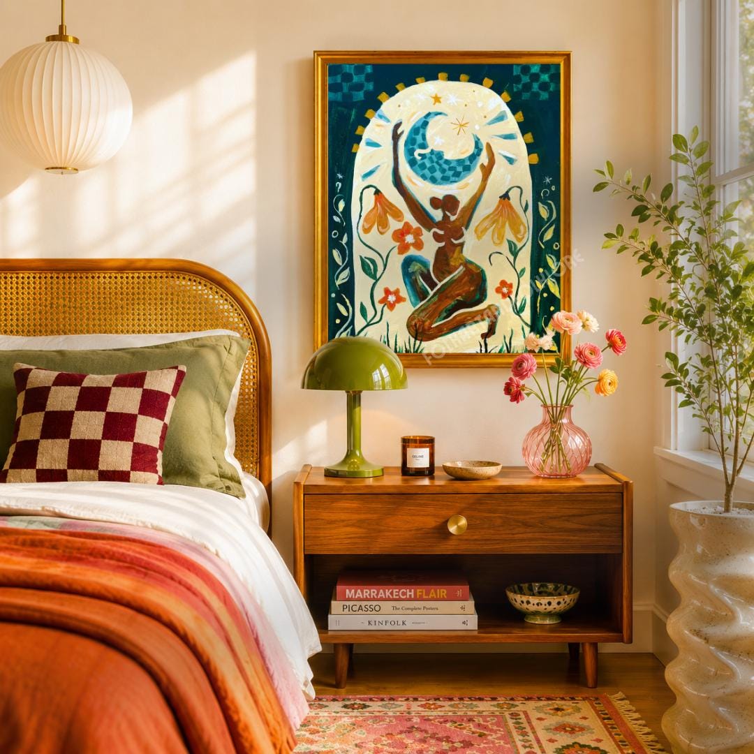 Moon Goddess Feminine Art Print - Burnt Orange Modern Boho Wall Decor