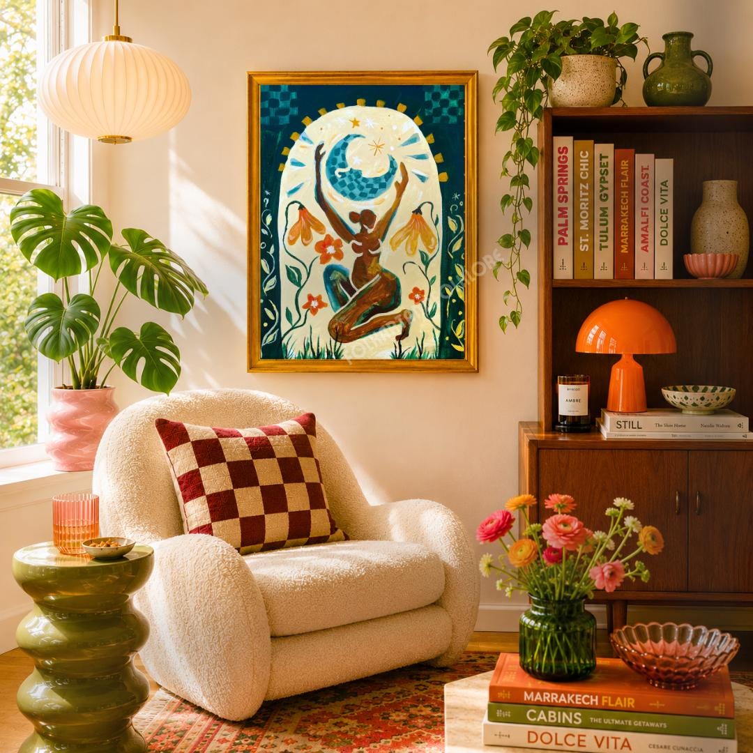 Moon Goddess Feminine Art Print - Burnt Orange Modern Boho Wall Decor