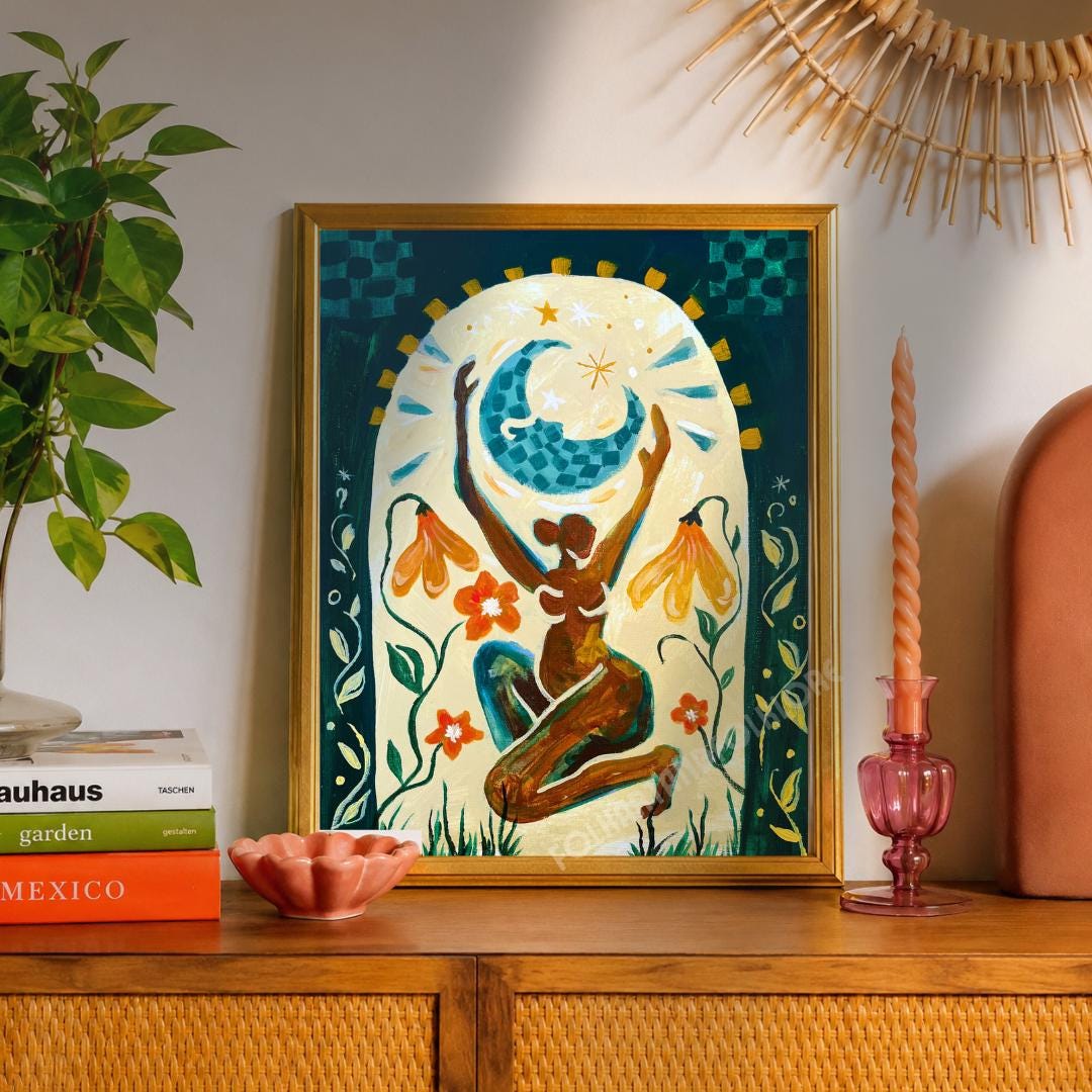 Moon Goddess Feminine Art Print - Burnt Orange Modern Boho Wall Decor