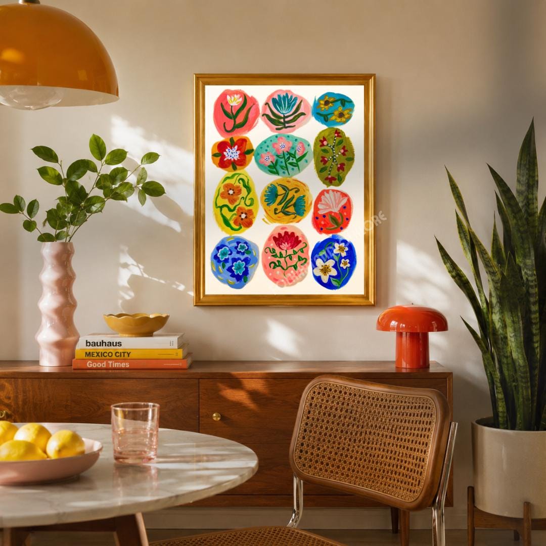 Folk Flower Orbs Print - Colorful Dopamine Decor Hand Painted Wall Art