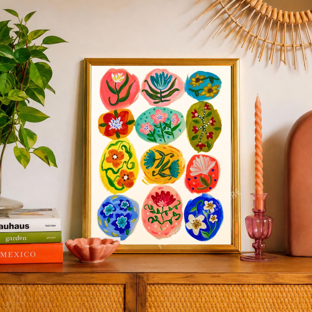 Folk Flower Orbs Print - Colorful Dopamine Decor Hand Painted Wall Art