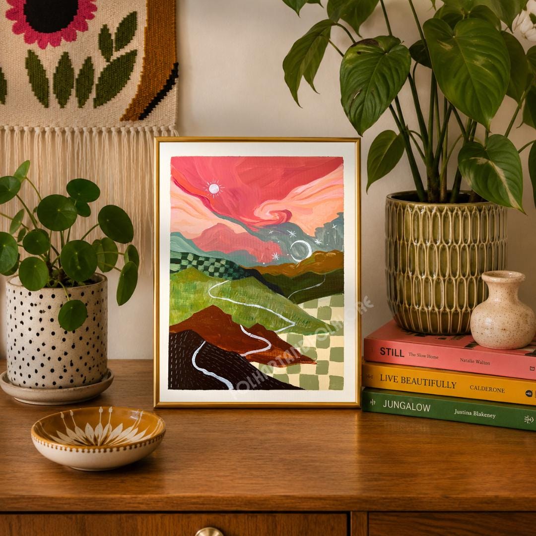 Mid-Century Modern Landscape Print – Abstract Mountain Sunrise Sunset Wall Art