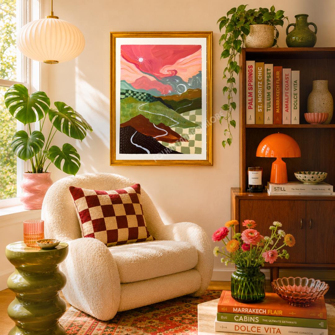 Mid-Century Modern Landscape Print – Abstract Mountain Sunrise Sunset Wall Art