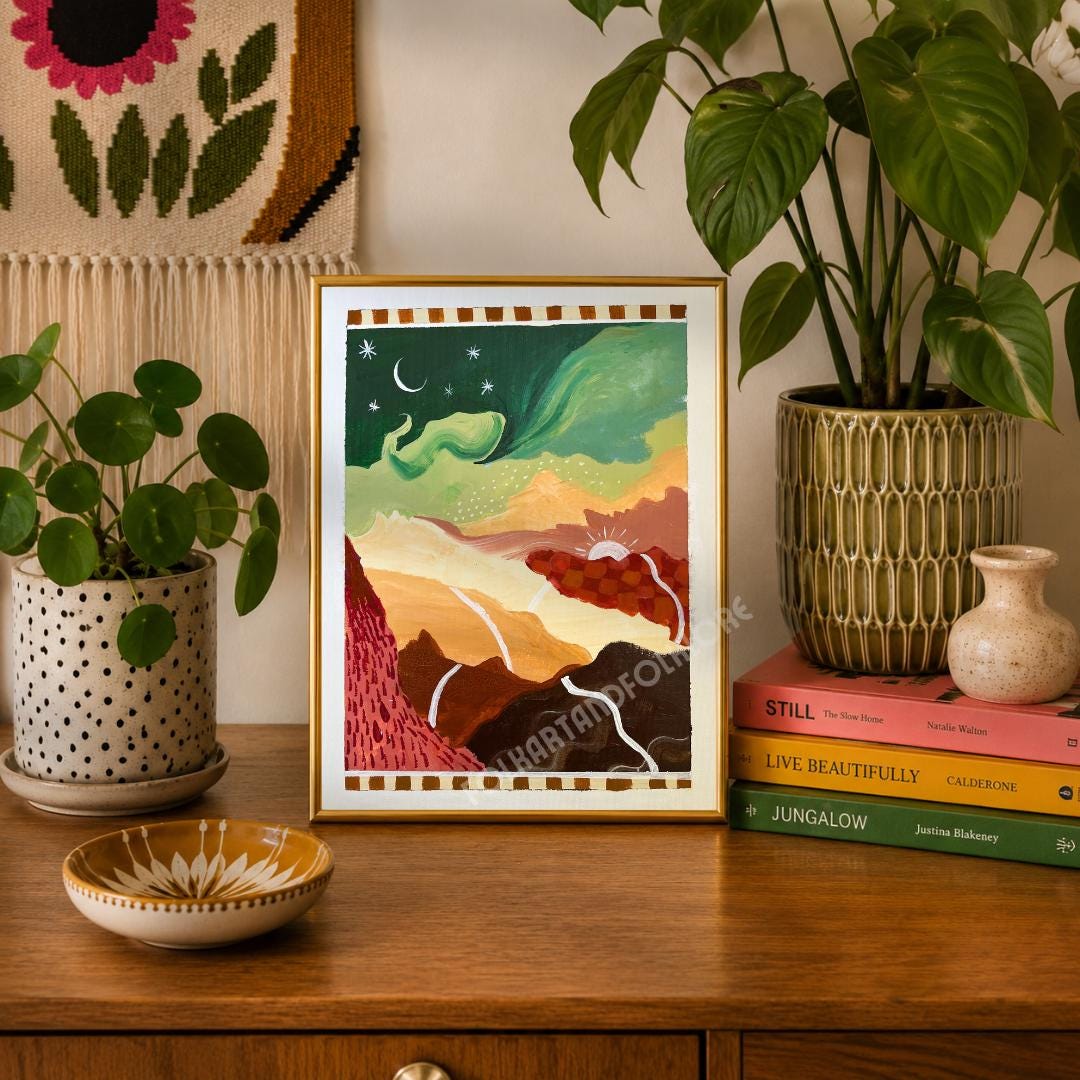 Mid-Century Modern Landscape Print – Abstract Mountain Sunrise Sunset Wall Art